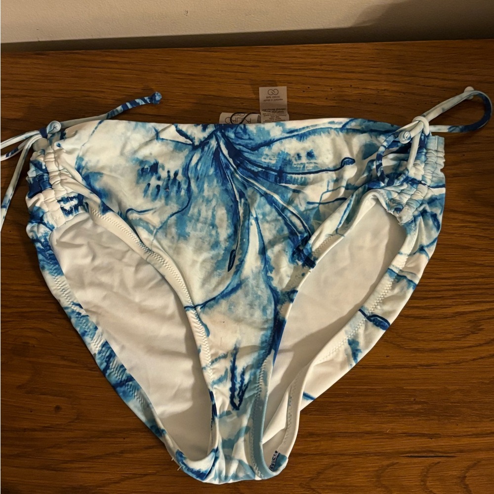 Women’s Calia Blue and White Tie Dye Bikini Bottom. Ruching detail. Size XS. NWT